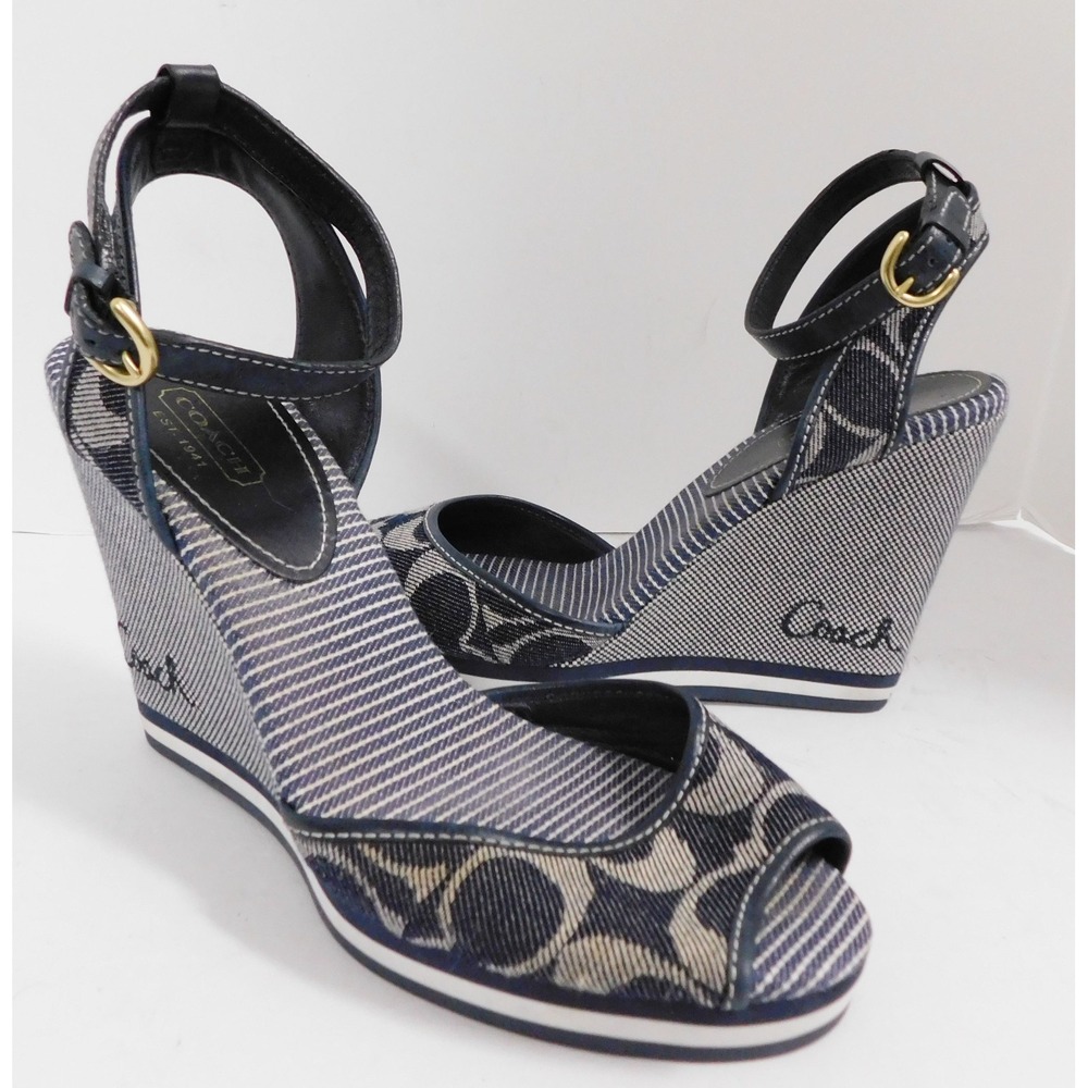 COACH Tawney Denim Logo Peep Toe Wedge Heels Ankle Strap Buckle sz 8 B